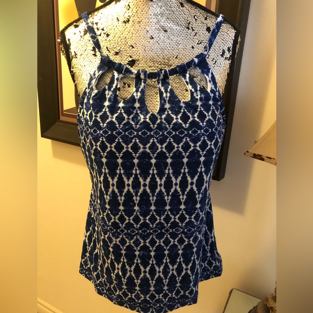 Keyhole HI Neck Tankini Top Navy & White Geometric Print (New!)